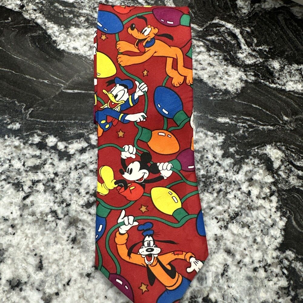 Vintage Disney Christmas Tie Mickey Donald Goofy Lights Red Made in Korea